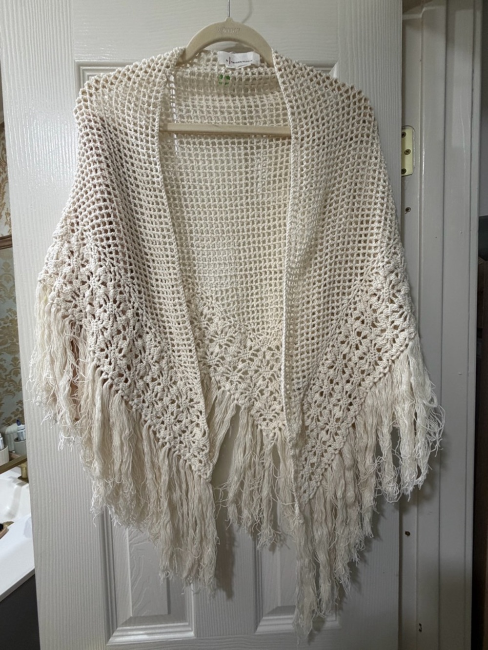 Cream Crochet Fringe Women's Sweater Shawl